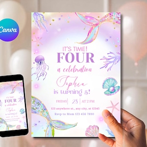 May include: A mermaid-themed birthday invitation with the text "It's Time! FOUR a celebration". The invitation is in shades of purple, pink, and blue, with mermaid tail illustrations, jellyfish, and seashells.