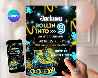 May include: A black invitation with neon yellow and teal accents, featuring roller skates and the text "Jacksons Rollin Into 9". The invitation includes event details: August 25, 2-4 PM, and an RSVP phone number.