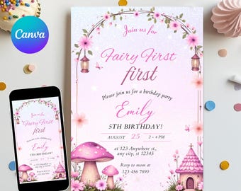 Fairy First Birthday Invitation | Editable 1st Birthday Party Custom Invite Template |  Whimsical Pink Butterfly Enchanted Garden Theme