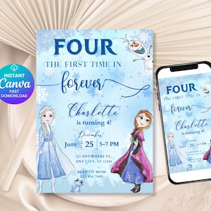 Invitación de cumpleaños de Frozen Four: La primera vez en la eternidad. Invitación digital de cumpleaños de Frozen 4.º para niños. Invitación temática de Elsa y Anna para DS.
