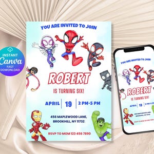Watercolor Spidey and his Amazing Friends Birthday Invitation Spidey Invitation Spidey Birthday Party Invite Theme for boy and girl Canva