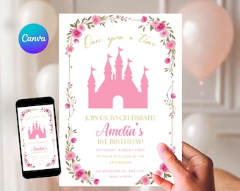 Es war einmal Geburtstagsfeiereinladung, Mädchen zum ersten Geburtstag einladen, Prinzessin Geburtstagsfeier einladen, bearbeitbarer 1.Geburtstag, Canva Vorlage