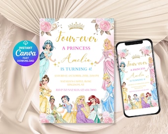 Four Ever A Princess verjaardagsuitnodiging Fourever A Princess digitale uitnodiging 4e verjaardagsuitnodiging aquarel prinsessenfeest Koninklijk thema DS
