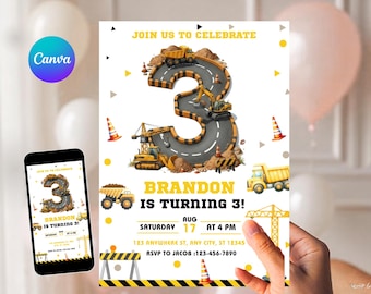 Construction Birthday Invitation, Dump Truck Party Invite, Construction Invitation, 3rd Birthday Invite Printable Template, Editable Canva