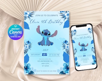May include: A light blue birthday invitation featuring a cartoon character, Stitch, with the text "Olivia 4th Birthday." The invitation includes the date, time, and location. A smartphone displays the same design.