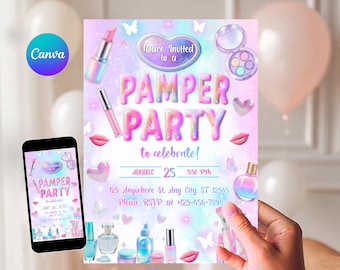 Editable Pamper Birthday Invitation, Pamper Spa Invitation, Neon Glow Pamper Spa Invitation, Glitz Glam Makeup Glow Party, Canva Template
