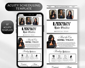 Könnte beinhalten: Eine digitale Schwarz-Weiß-Vorlage für die Buchungswebsite eines Friseursalons, die auf einem Smartphone und einem Werbebanner angezeigt wird. Die Vorlage enthält den Text "LUXURY Hair Studio" und "Meet the Ceo SOPHIA WILSON".