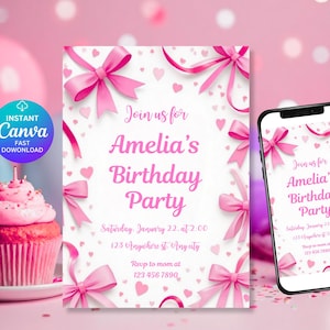 Pink Bow Theme Birthday Invitation Pink Bow Birthday Invite Coquette Bow Birthday Girl Party Invite Girl Coquette Birthday Invitation DDS060
