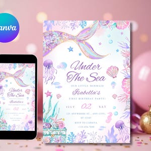 May include: A mermaid-themed birthday party invitation with the text "Under The Sea." The invitation features a mermaid tail, jellyfish, seashells, and aquatic plants in shades of purple, blue, and pink. A smartphone displays the same design.