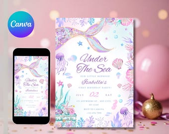 Faire-part d'anniversaire queue de sirène, fête d'anniversaire de sirène sous la mer, invitation de fête de sirène, fête d'anniversaire lunatique modifiable DDS081