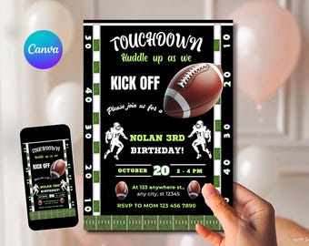 Invito a tema calcio, invito di compleanno a tema calcio stampabile, invito a una festa sportiva, partita di calcio, modello Canva modificabile