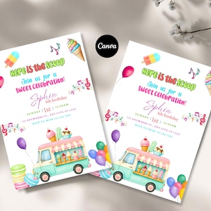 Puede incluir: Dos invitaciones de cumpleaños idénticas con un camión de helados en acuarela, globos de colores y notas musicales. El texto dice: Here is the scoop, Join us for a sweet celebration, Sophia 5th birthday, Sunday 1st, 10:00 AM.