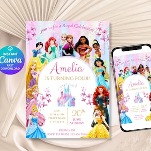 May include: A digital invitation for a royal celebration, featuring princess illustrations. The invitation is for Amelia's fourth birthday, with event details including the date, time, and RSVP information. A smartphone displays the invitation.