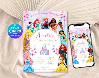 May include: A digital invitation for a royal celebration, featuring princess illustrations. The invitation is for Amelia's fourth birthday, with event details including the date, time, and RSVP information. A smartphone displays the invitation.