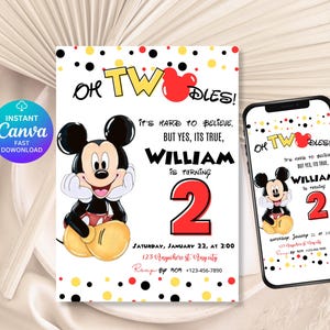 May include: A birthday invitation featuring Mickey Mouse with the text "Oh Twodles!" and "William is turning 2." The design includes red, yellow, and black polka dots. A smartphone displays the same invitation.