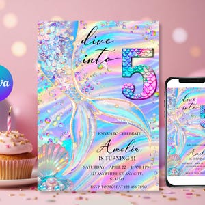 Dive into Five 5th Birthday Mermaid Invitation Template Purple Blue Pink Under The Sea Birthday Invite Glitter Mermaid Birthday Invite DDS