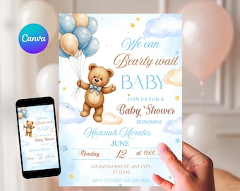 Editable Brown Bear Balloon Baby Shower Invitation, We Can Bearly Wait Baby Shower Invite, Blue Boy Boho Bear Baby Shower