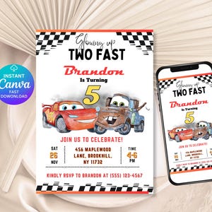 Cars McQueen Invitation, Lightning Mcqueen Birthday Invite, Cars Party Invite, Second Birthday Party Invitation, Two Fast, 2, Tow Mater Cars
