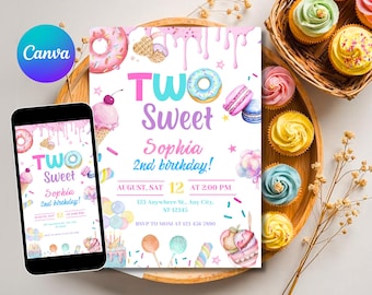 Two Sweet Birthday Invitation, Sweet 2nd Birthday Girl Invite, Two Year Candy Invitation, Sweets Dessert Donut Ice Cream, 5x7 Canva Editable
