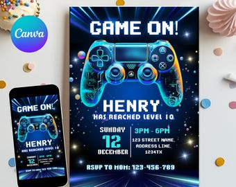 Video Game Birthday Party Invitation, Arcade Party Invitation, Level Up Birthday Invite, Neon Glow Invite, Glow Video Gamer, Editable Canva