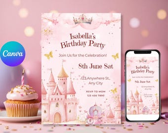 Plantilla de invitación de cumpleaños de princesa, invitación de cumpleaños de niña princesa, editable e imprimible, plantilla de invitación de fiesta de princesa rosa DDS079
