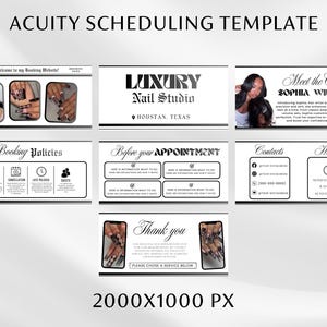 K&ouml;nnte beinhalten: Acuity-Planungsvorlage in Schwarzwei&szlig;. Die Vorlage enth&auml;lt Abschnitte f&uuml;r Buchungsrichtlinien, Kontakte, &Ouml;ffnungszeiten und eine Dankesnachricht. Die Vorlage enth&auml;lt auch Bilder von Manik&uuml;re-N&auml;geln und den Text "Luxury Nail Studio".