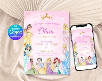 Bewerkbare 4e prinses uitnodiging roze prinses verjaardagsuitnodiging vier ooit een prinses uitnodiging prinsessen koninklijk thema aquarel uitnodiging