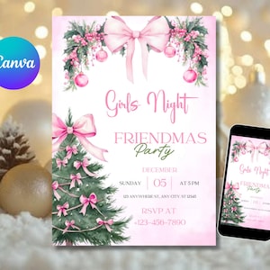 May include: A pink and green Girls Night Friendmas Party invitation with a Christmas tree and bow design. The invitation includes the date, time, and RSVP information. A smartphone displays the same invitation.