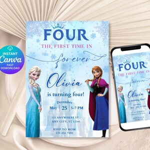 Invitación de cumpleaños de Frozen Four: La primera vez en la eternidad. Invitación digital de cumpleaños de Frozen 4.º para niños. Invitación temática de Elsa y Anna para DS.