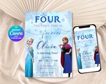May include: A digital invitation for a fourth birthday party, featuring the text "FOUR" and "Olivia is turning four!" in blue. The design includes illustrations of two animated characters and a smartphone displaying the same invitation.