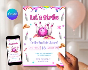 Editable Bowling Birthday Invitation, Let’s Strike Up Some Fun Girls Party Invite, Printable Pink Bowling Invite, Editable Canva Template