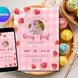 May include: A pink and white gingham-patterned invitation for a first birthday, featuring a photo of a baby and the text "berry first birthday." Strawberries and cupcakes are also visible. A smartphone displays the same design.