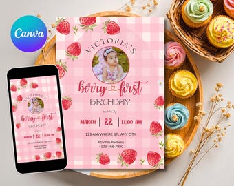 Berry Sweet First Birthday Invitation Template, Berry Photo 1st Birthday Party Invitations, Printable Strawberry Birthday Invites, DDS-072