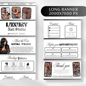 K&ouml;nnte beinhalten: Schwarz-wei&szlig; Bannerwerbung f&uuml;r ein luxuri&ouml;ses Nagelstudio. Das Banner enth&auml;lt Bilder von Manik&uuml;re-N&auml;geln, Kontaktinformationen und Buchungsrichtlinien. Der Text lautet "Luxury Nail Studio" und "Meet the CEO Sophia Wilson."