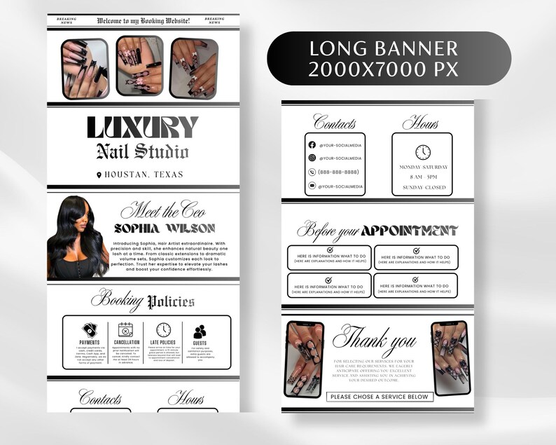 K&ouml;nnte beinhalten: Schwarz-wei&szlig; Bannerwerbung f&uuml;r ein luxuri&ouml;ses Nagelstudio. Das Banner enth&auml;lt Bilder von Manik&uuml;re-N&auml;geln, Kontaktinformationen und Buchungsrichtlinien. Der Text lautet "Luxury Nail Studio" und "Meet the CEO Sophia Wilson."
