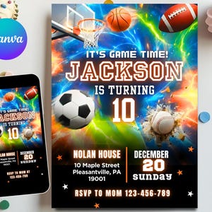 Pode incluir: Um convite para uma festa de aniversário com tema esportivo. O design apresenta uma cesta de basquete, basquete, futebol americano, beisebol e bola de futebol em um fundo colorido. O texto diz: "It's Game Time! Jackson está fazendo 10 anos."