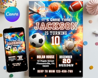 May include: A birthday party invitation with a sports theme. The design features a basketball hoop, basketball, football, baseball, and soccer ball against a colorful, energetic background. The text reads "It's Game Time! Jackson is Turning 10."
