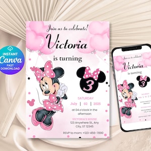 May include: A pink and white birthday invitation with a Minnie Mouse theme. The invitation reads "Join us to celebrate! Victoria is turning 3" and includes event details. A smartphone shows the same design.
