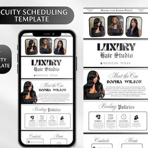 May include: A black and white digital template for a hair studio, displayed on a smartphone and a vertical banner. The template includes the text "Luxury Hair Studio" and "Meet the CEO Sophia Wilson". The design features images of women with long hair.