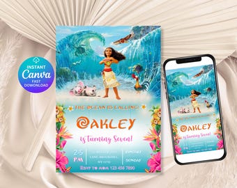 Editable Moana Birthday Invitation Template, Digital Editable Hawaiian Moana Birthday Invitation, Kids Birthday Party Invite Template, Canva