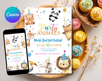 Calling All Party Animals Invitation, Party Animal Kids Birthday Invite, Cute Animals in Birthday Hats, Editable Canva Template