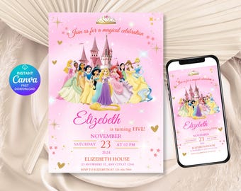May include: Pink birthday party invitation featuring Disney princesses and a castle illustration. The invitation includes the text "Join us for a magical celebration" and details for the party, including the name "Elizebeth" and the date.