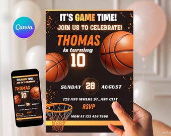 Invito di compleanno modificabile a tema basket, tema sportivo, invito di compleanno per festa sportiva, inviti stampabili a tema basket, festa di compleanno per bambini
