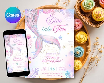Dive into Five Mermaid Pink 5th Mermaid Birthday Invitation, Little Mermaid Tail Digital Invite, Mermaid Party Invites Editable Canva DDS091
