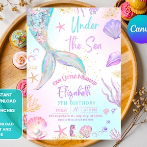 K&ouml;nnte beinhalten: Eine pastellfarbene Geburtstagseinladung zum Thema Meerjungfrau mit dem Text "Under the Sea". Die Einladung enth&auml;lt eine Meerjungfrauenschwanz, Muscheln und Seesterne. Der Text lautet "Our Little Mermaid Elizabeth 5th Birthday". Die Einladung ist 12,7 x 17,8 cm gro&szlig;.