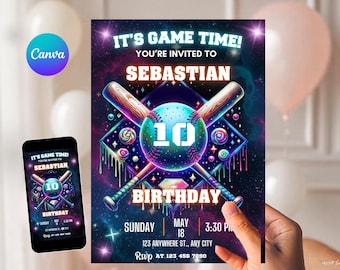 Baseball Ice Cream Drip Birthday Invitation, Baseball Drip Invite, Baseball Ice Cream Neon Party, Ice Cream Drip Invite, Canva Template