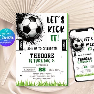 Editable Soccer Birthday Invitation Template, Football Invitation, Kids Soccer Birthday Invite, Let&#39;s Kick it Soccer Party Invite, DDS-061