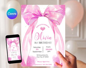 Invitación de cumpleaños con lazo rosa, invitación de cumpleaños rosa para niña, invitación con lazo rosa coqueta, invitación de cumpleaños con lazo rosa para niña, plantilla de Canva