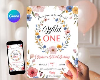 Wildflower 1st Birthday Invitation Template, Floral First Birthday Party, Editable Wild One Birthday Girl Digital Invitation, Canva Template