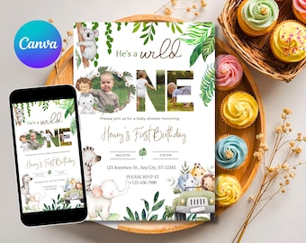 Wild One Boy Birthday Invitation Safari Animal Birthday Invitation 1st Birthday Digital Invite with Photo Boho Jungle 1st Birthday DDS-077